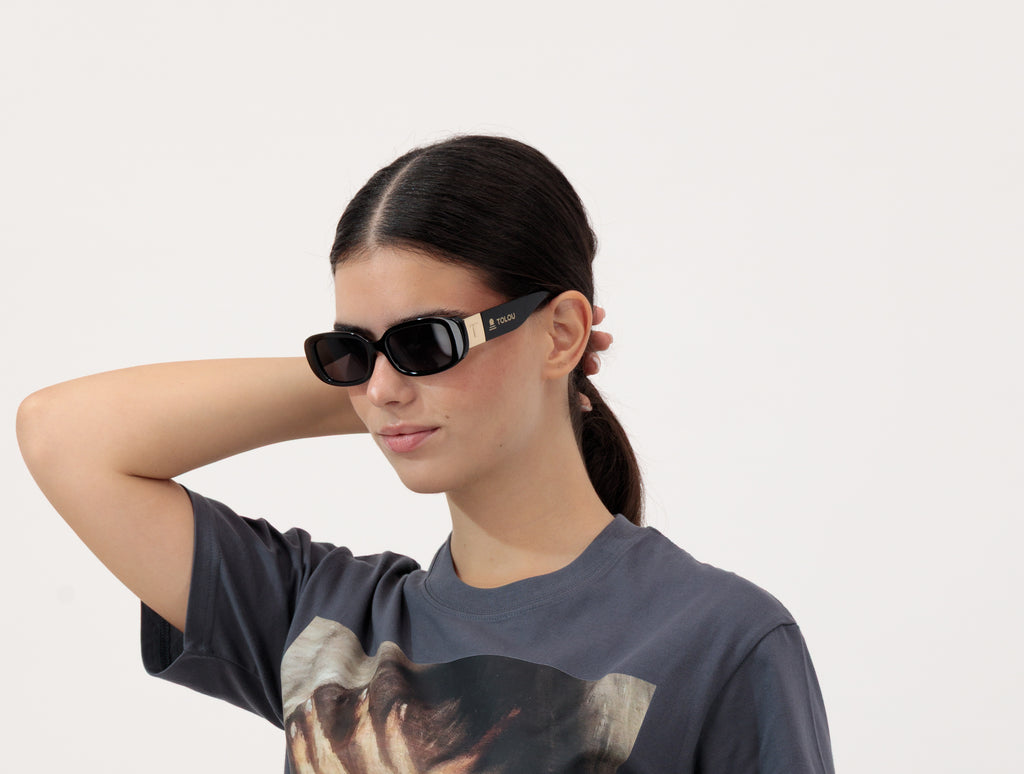 TOLOU Classic Black Sunglasses with Gold Detailing