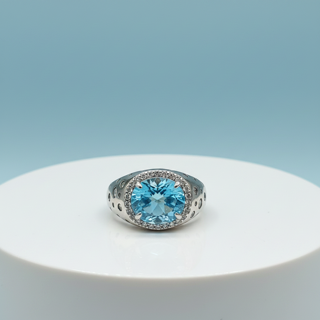 Blue Topaz & Zircon Silver Ring