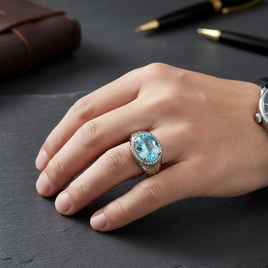 Blue Topaz & Zircon Silver Ring
