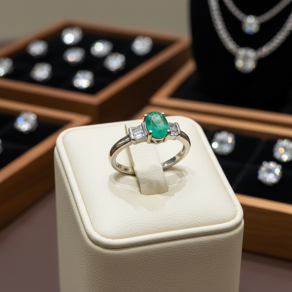 Emerald & Zircon Ring in Silver